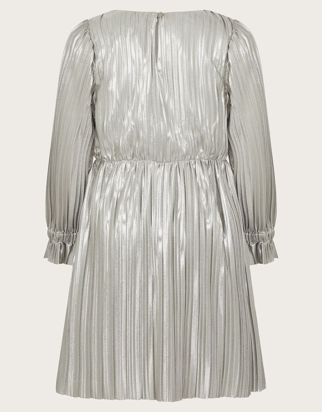 Long Sleeve Metallic Plisse Dress, Silver (SILVER), large