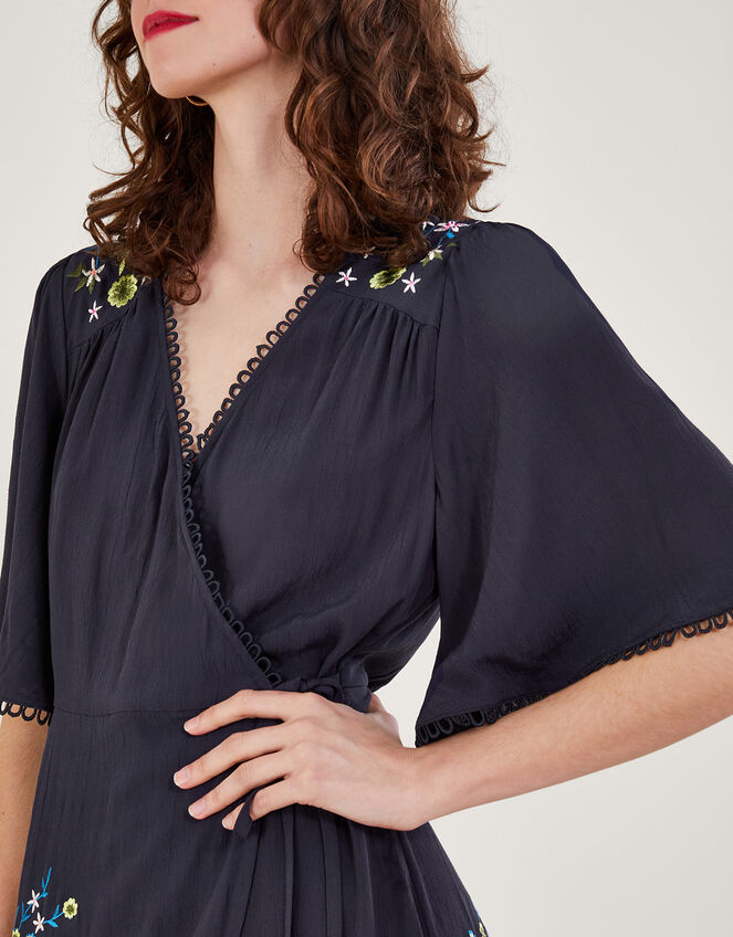 Oliyah Embroidered Wrap Midi Dress, Blue (NAVY), large