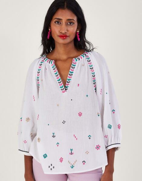 Embroidered Motif Tunic Top, Ivory (IVORY), large