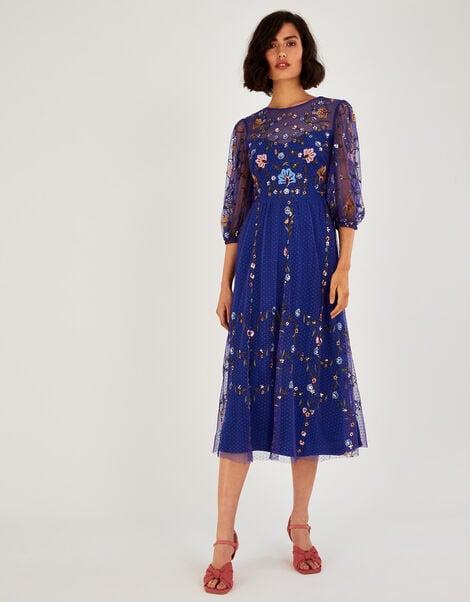 Yennefer Embroidered Midi Dress, Blue (BLUE), large