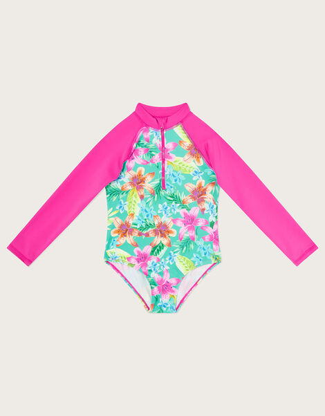 Tropical Print Long Sleeve Swimsuit with UPF50+ Protection, Green (GREEN), large