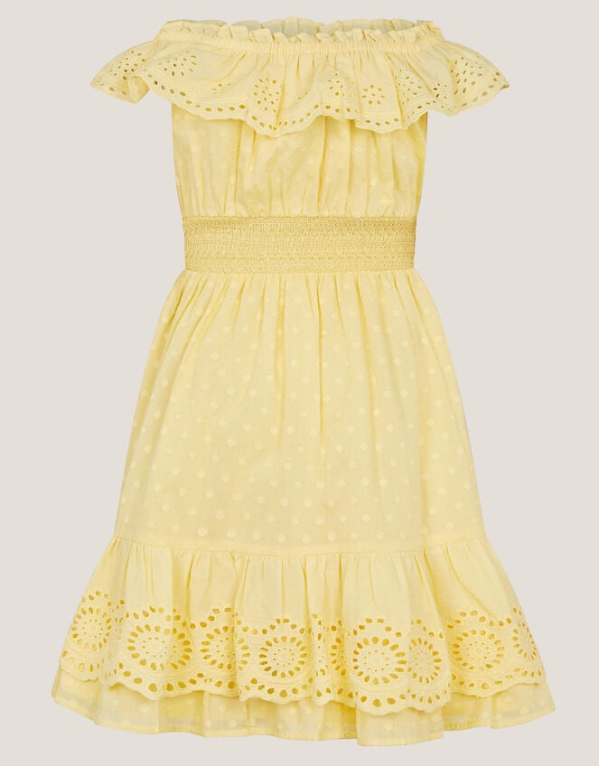 Broderie Bardot Dress, Yellow (YELLOW), large