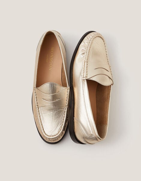 Grace Metallic Leather Loafers, Gold (GOLD), large