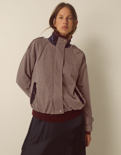 Carly Funnel Neck Houndstooth Bomber Jacket, Brown (BROWN), large