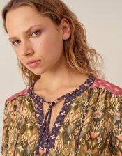 East Ikat Print Tassel Blouse, Green (GREEN), large