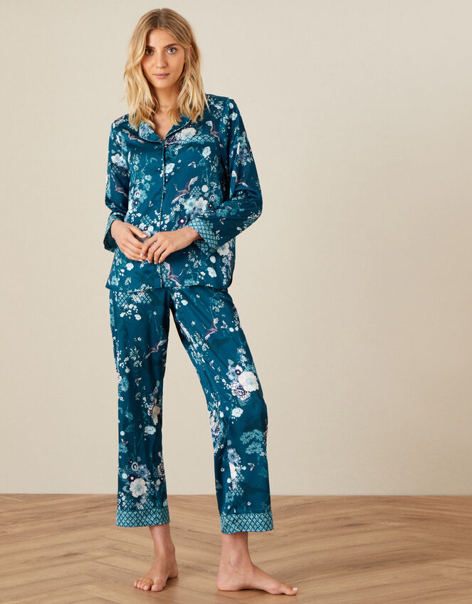 Floral Satin Pyjama Set, Teal (TEAL), large