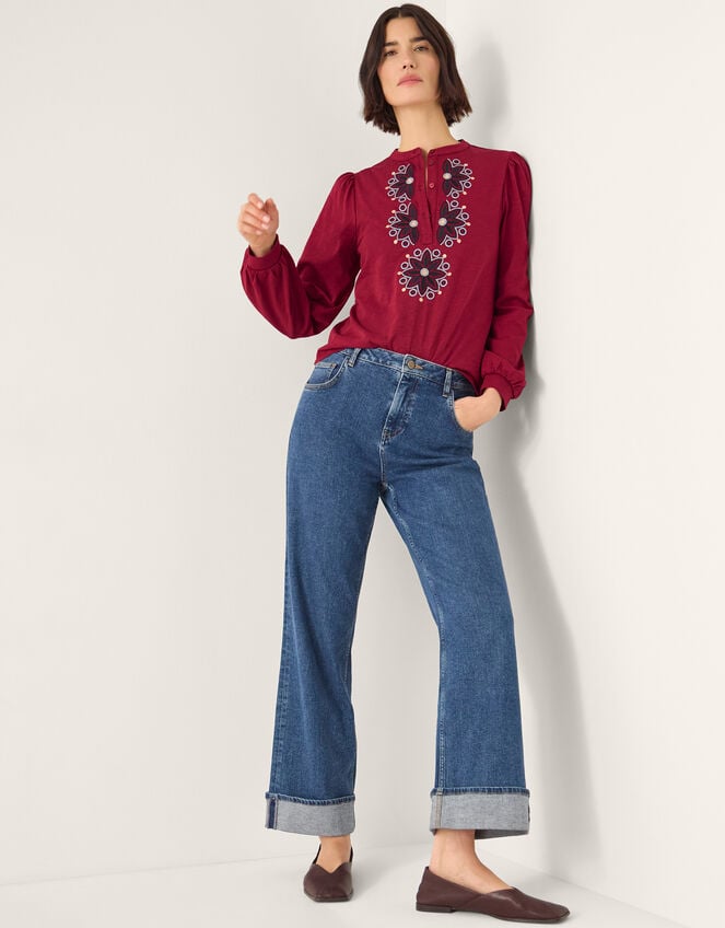 Esme Embroidered Jersey Blouse, Red (BURGUNDY), large