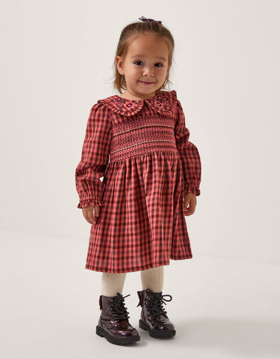 Baby Embroidered Check Long Sleeve Dress, Brown (BROWN), large