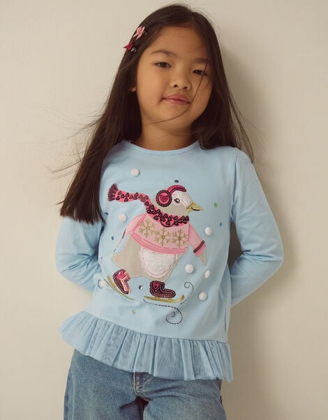 Penguin Frill Long Sleeve Top, Blue (BLUE), large
