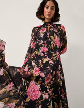 Mariel Floral Print Trapeze Midi Dress, Black (BLACK), large