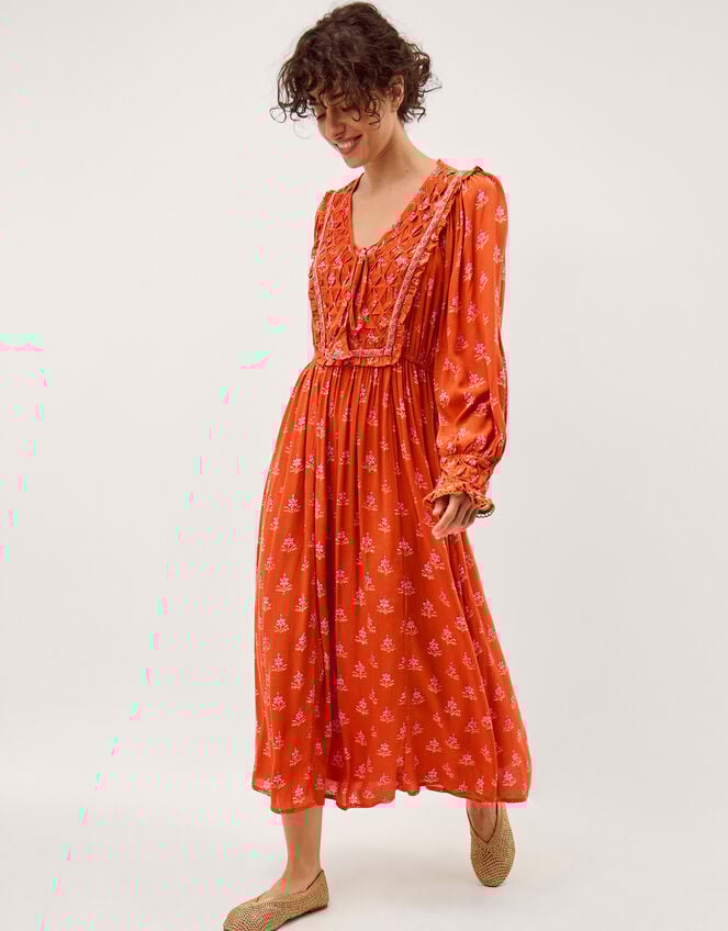 Amaya Floral Print Midi Dress, Orange (ORANGE), large