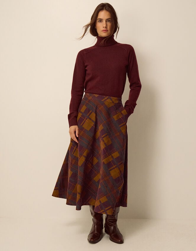 Melinda Check Print Corduroy Midi Skirt, Brown (BROWN), large