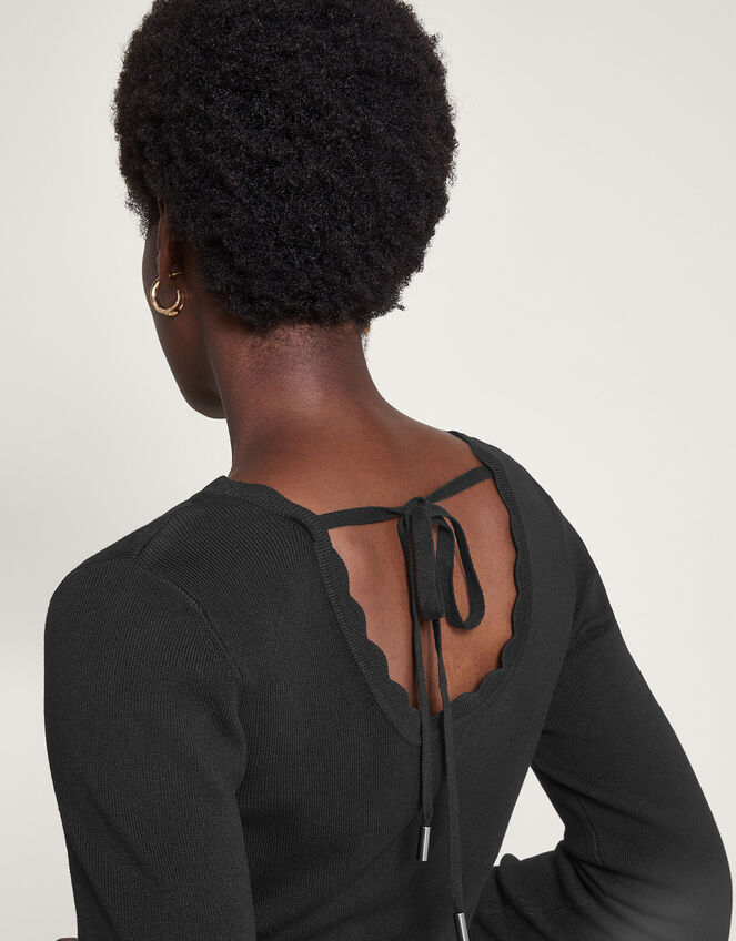 Tie Back Scallop Neck Dress, Black (BLACK), large