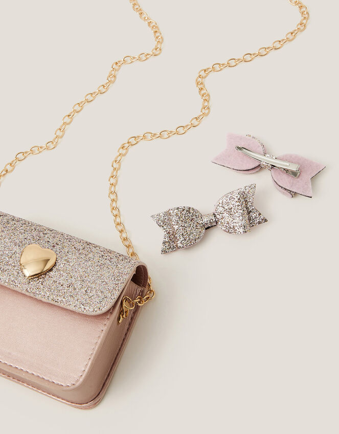 Mini Glitter Bag & Bow Hair Clips Set, , large