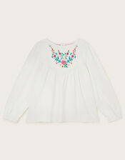 Long Sleeve Floral Embroidered Top, Cream (CREAM), large