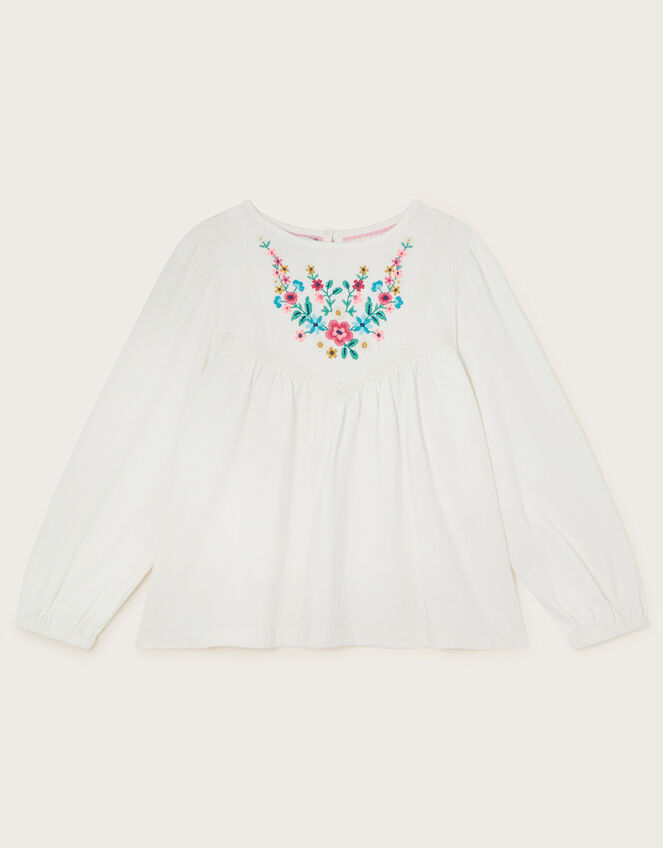 Long Sleeve Floral Embroidered Top, Cream (CREAM), large