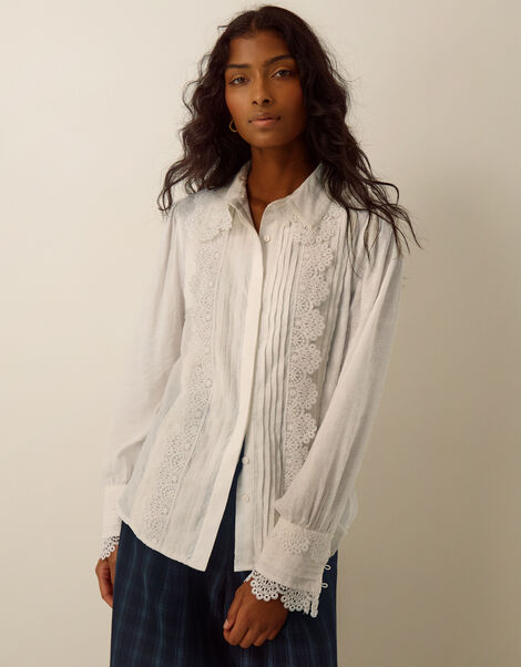 Janine Pintuck Lace Floral Shirt, Ivory (IVORY), large