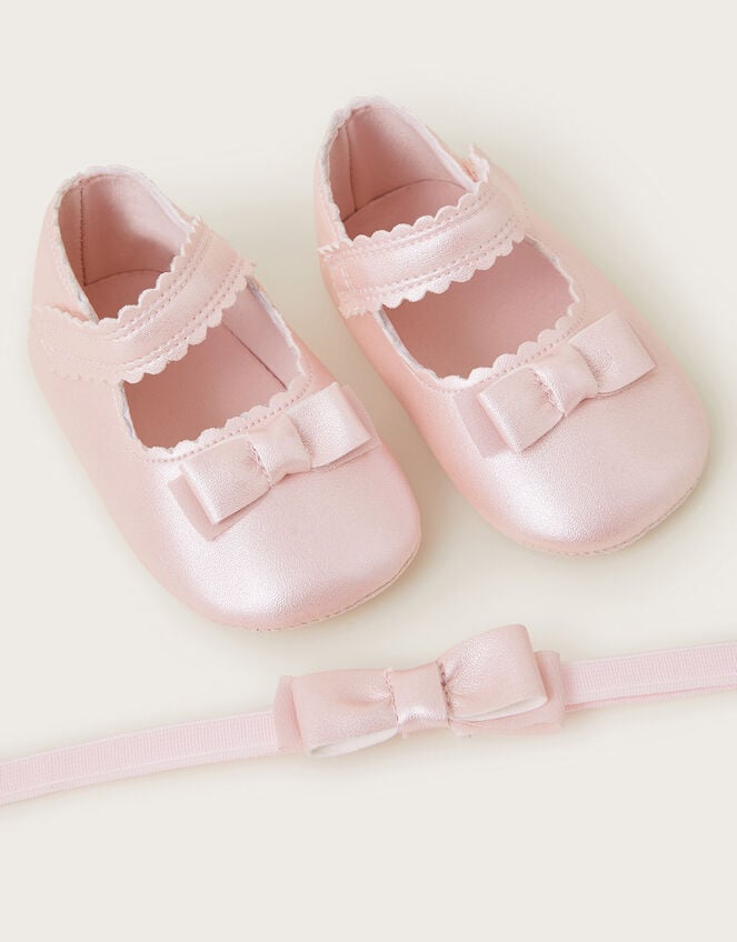 Baby Shimmer Booties and Bow Headband Set, Pink (PINK), large