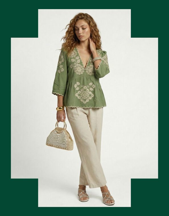 Raffya Aubrey Embroidered Tunic Blouse, Green (GREEN), large