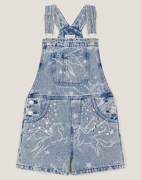 Unicorn Print Denim Dungarees, Blue (BLUE), large