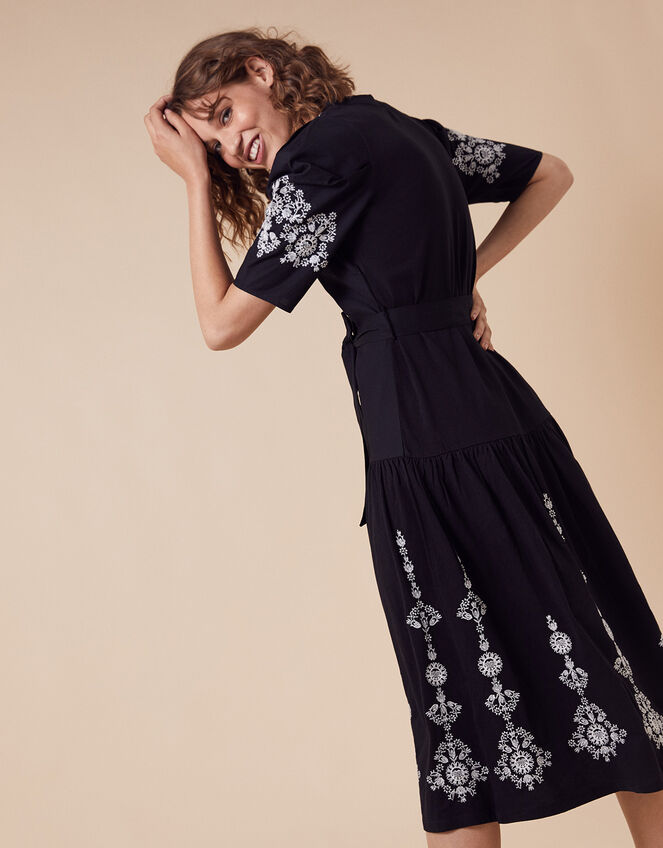 Enya Embroidered Jersey-Mix Dress, Black (BLACK), large