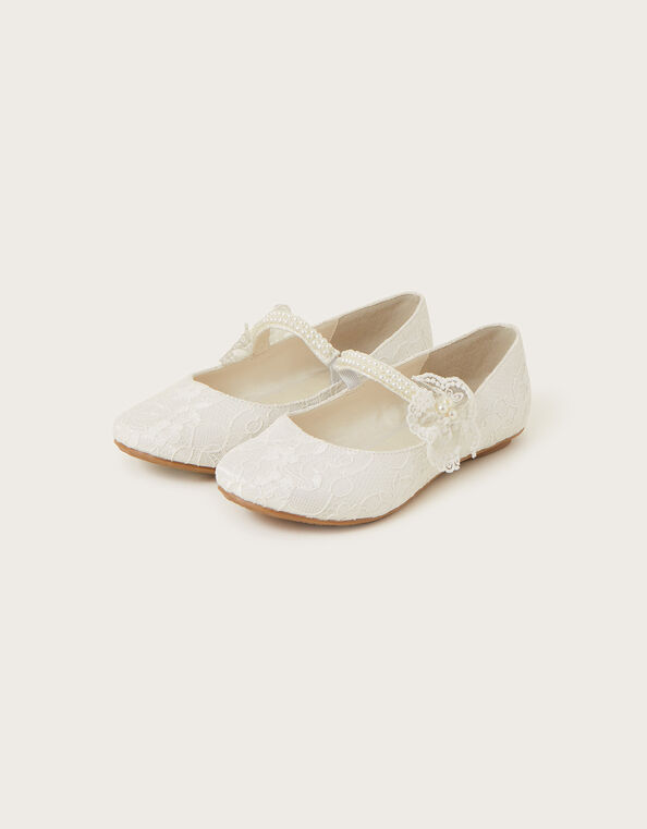 Lace Pearl Strap Ballerina Flats, Ivory (IVORY), large