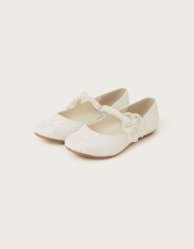 Lace Pearl Strap Ballerina Flats, Ivory (IVORY), large