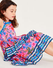 Tropical Print Tiered Dress, Pink (PINK), large
