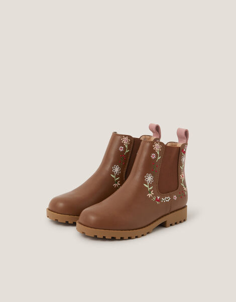 Flower Embroidered Chelsea Boots, Tan (TAN), large