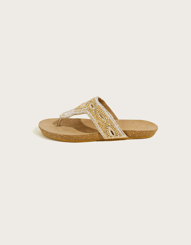 Embellished Leather Footbed Sandals , Gold (GOLD), large