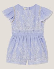 Floral Broderie Short Sleeve Playsuit, Blue (BLUE), large