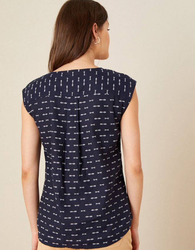 Printed Sleeveless Top, Blue (NAVY), large