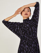 High Neck Feather Print Jersey Dress, Black (BLACK), large