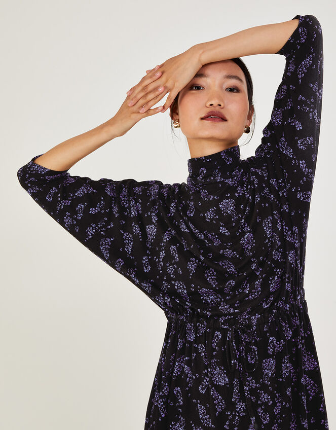 High Neck Feather Print Jersey Dress, Black (BLACK), large