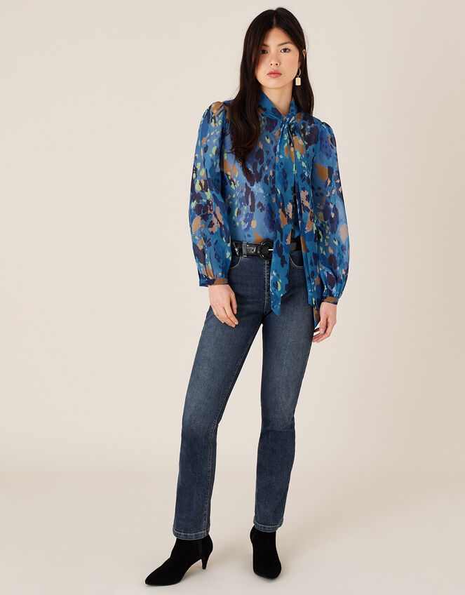 Anita Animal Print Pussybow Blouse, Blue (BLUE), large