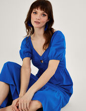 Puff Sleeve O-Ring Detail Midi Dress, Blue (COBALT), large