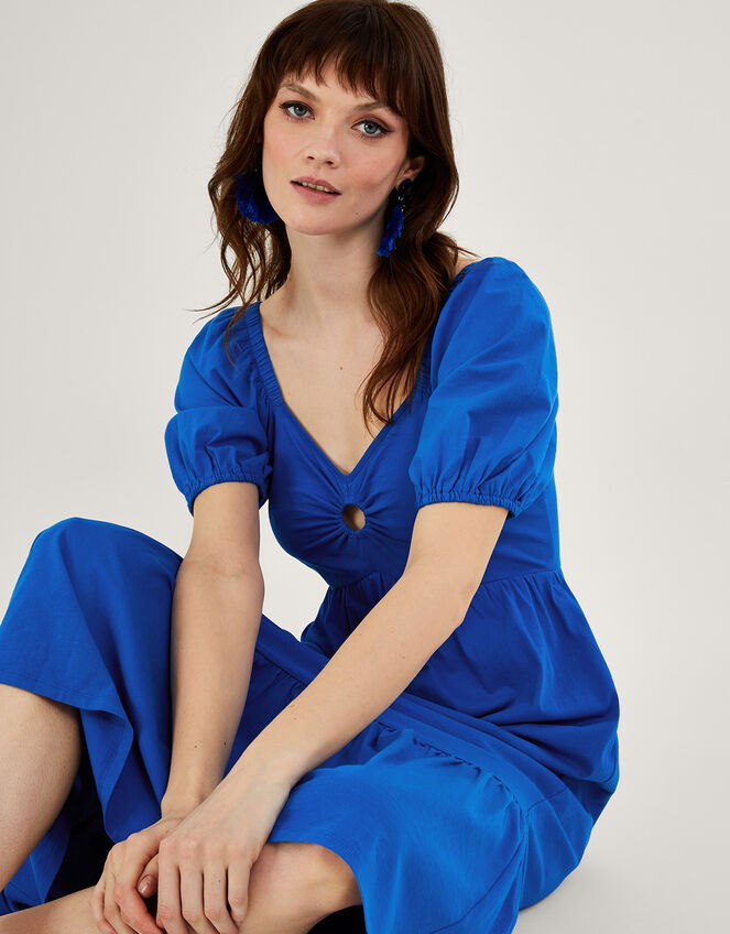 Puff Sleeve O-Ring Detail Midi Dress, Blue (COBALT), large