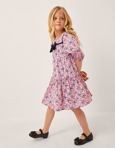 Bow Print Tiered Dress, Pink (PINK), large