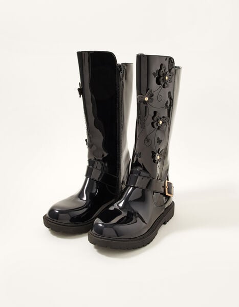 Patent Butterfly Riding Boots Black, Black (BLACK), large