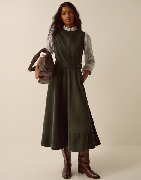 Ella Sleeveless Corduroy Midi Dress, Green (KHAKI), large