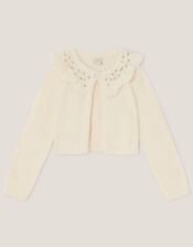 Embellished Collar Fuzzy Cardigan, Ivory (IVORY), large