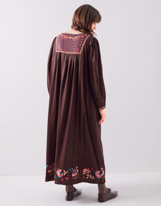 East Eliana Embroidered Long Sleeve Midi Dress, Brown (BROWN), large