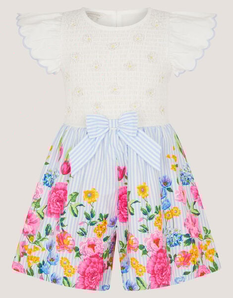 Floral Print Bow Shirred Playsuit, Blue (BLUE), large