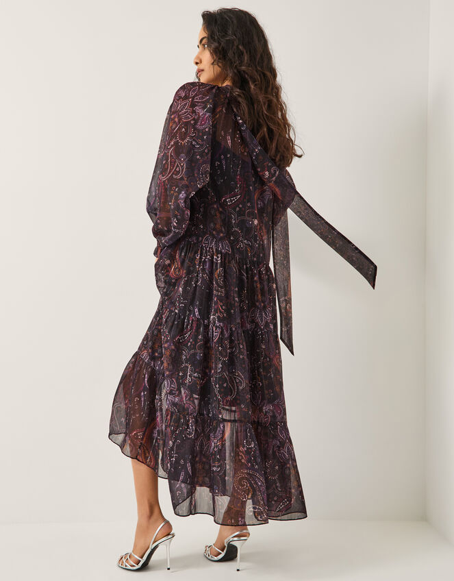 Marianna Paisley Print Tiered Midi Dress, Purple (PURPLE), large