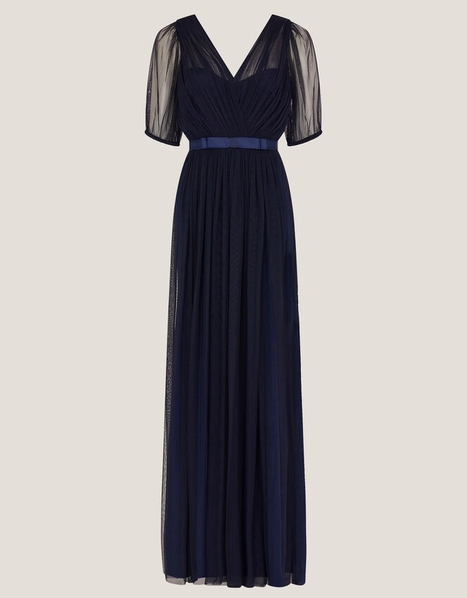 Ellie Sheer Sleeve Plunge Tulle Maxi Dress, Blue (NAVY), large