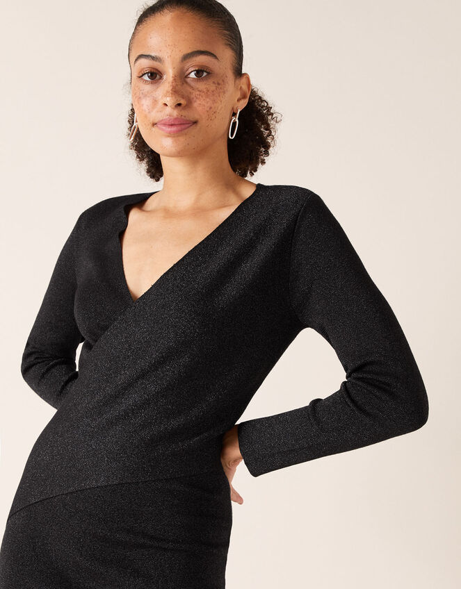 Shimmer Knit Wrap Dress, Black (BLACK), large