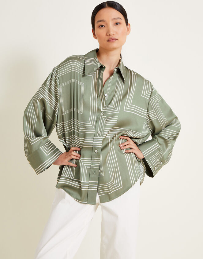 Anica Print Satin Shirt, Green (KHAKI), large