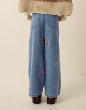 Floral Embroidered Wide Leg Jeans, Blue (BLUE), large