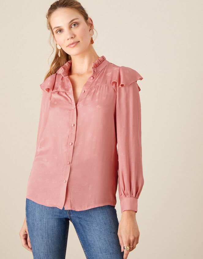 Fiona Frill Satin Jacquard Blouse, Pink (ROSE), large