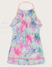 Frill Palm Print Halter Playsuit, Blue (TURQUOISE), large